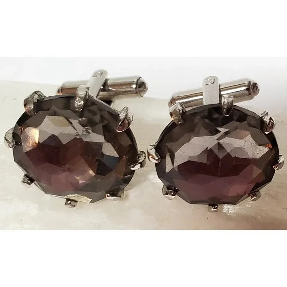 VTG Cuff Links Smoky Gray Crystal Stones Prong Set Faceted Shiny .75" Size Round - Picture 8 of 10